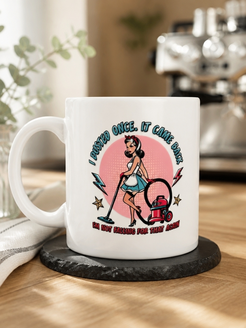 White Vintage Pin-Up Cleaning Mug - Humorous Women Bath & Body Gift